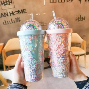 Large Capacity Rainbow Design Double Wall Plastic Bottle Cup With Straw