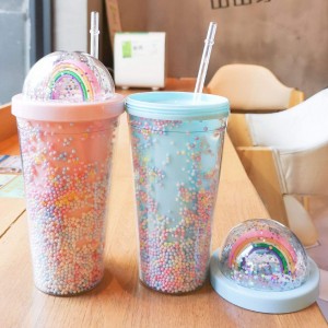 Large Capacity Rainbow Design Double Wall Plastic Bottle Cup With Straw