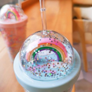 Large Capacity Rainbow Design Double Wall Plastic Bottle Cup With Straw