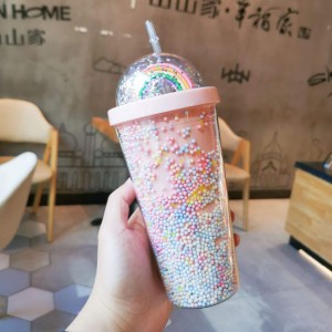 Large Capacity Rainbow Design Double Wall Plastic Bottle Cup With Straw