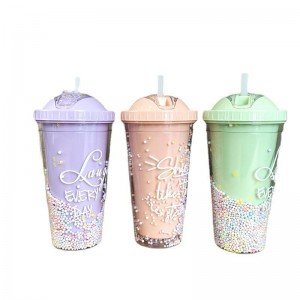 Large Capacity Rainbow Design Double Wall Plastic Bottle Cup With Straw